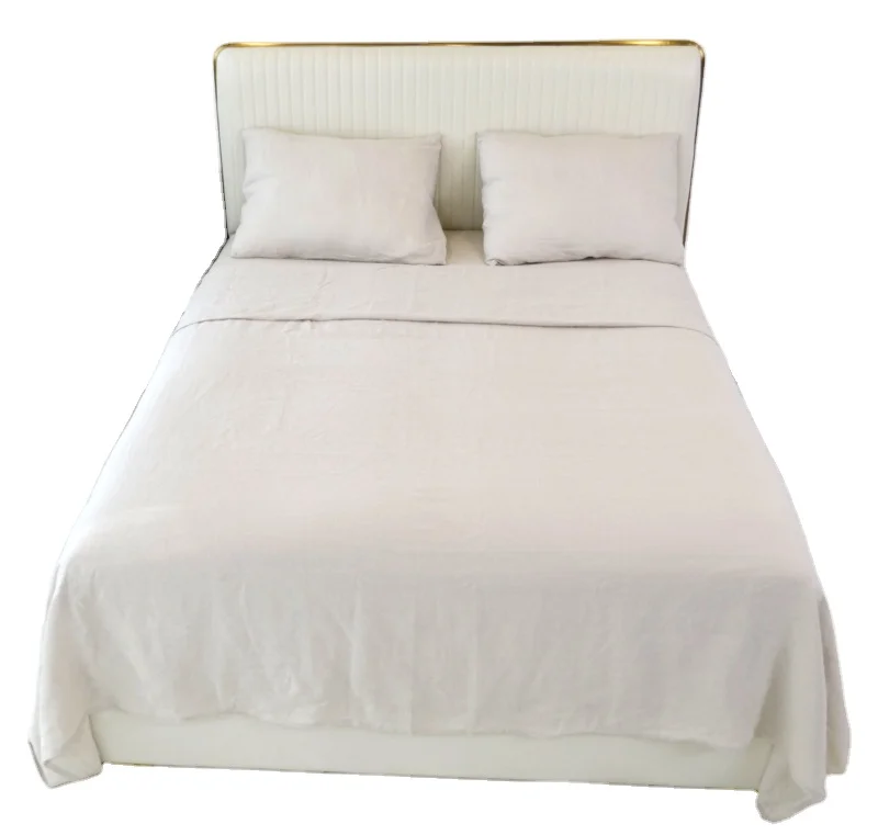 Queen Size French Linen Fabric 4 Pieces Sheet Set Soft Skin Friendly Luxury Bed Sheet Stone Washed