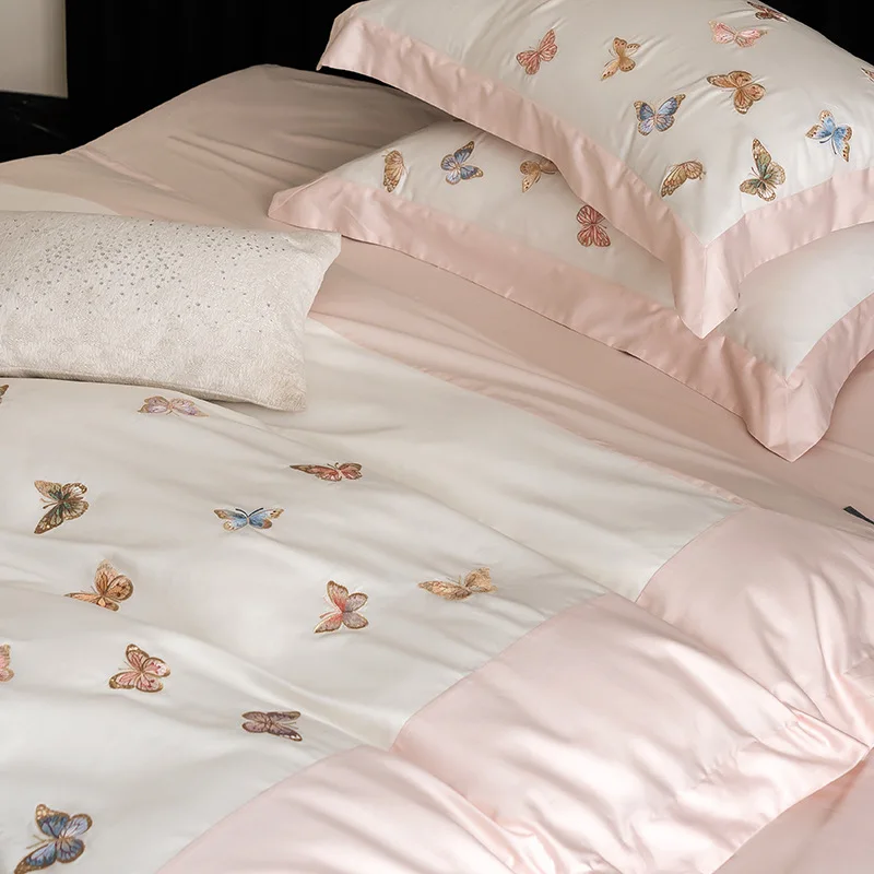 High-End 100s Long-Staple Cotton Embroidered Butterfly Pattern Four-Piece Set Simple Duvet Cover Naked Sleep Bed Sheet Bedding