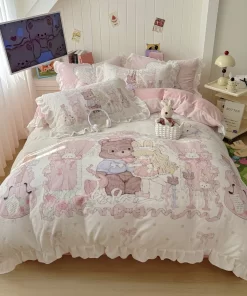 Cute Cartoon Printed  Color Duvet Quilt Cover Set Children's Lace Washed Cotton 200TC All-Season Four-Piece Bed Set