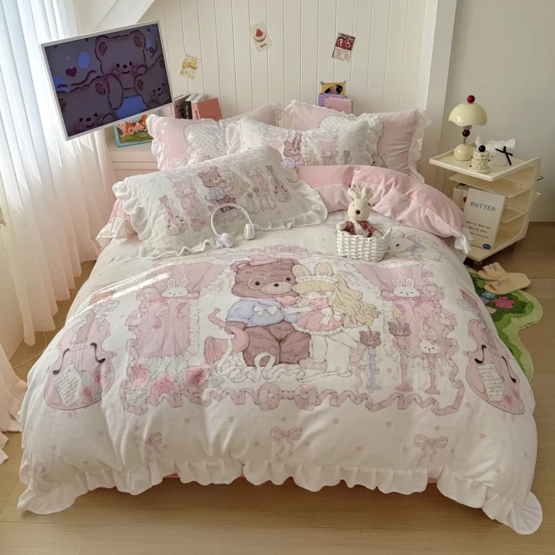 Cute Cartoon Printed  Color Duvet Quilt Cover Set Children's Lace Washed Cotton 200TC All-Season Four-Piece Bed Set