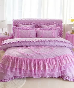Hotel Wedding Modern Solid Color Velvet Lace Bed Duvet Cover Fitted Skirt Sheets 4pcs Bedding Bedspread Sets