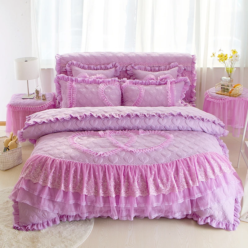 Hotel Wedding Modern Solid Color Velvet Lace Bed Duvet Cover Fitted Skirt Sheets 4pcs Bedding Bedspread Sets