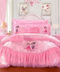 Korean-Style Cotton Lace Jacquard Wedding Four-Piece Set with Princess Pink Jade-Colored Duvet Cover