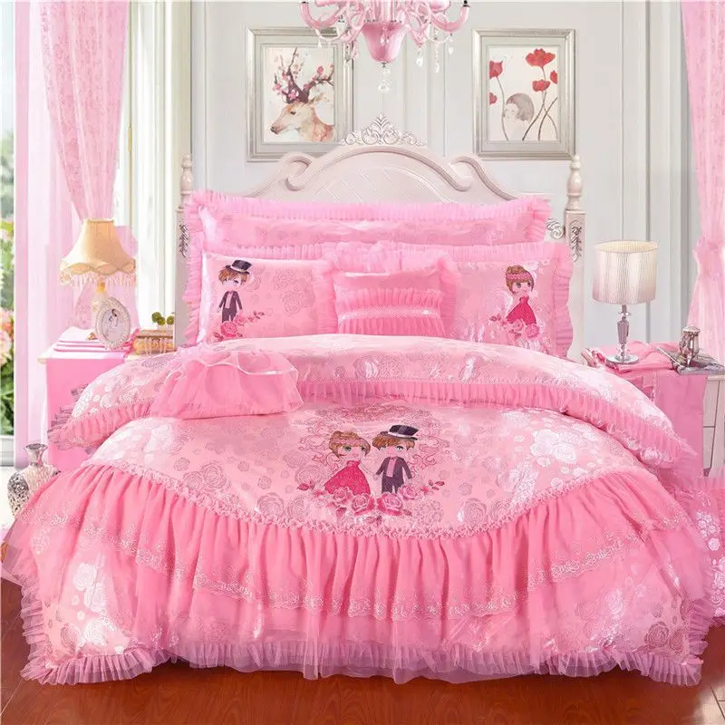 Korean-Style Cotton Lace Jacquard Wedding Four-Piece Set with Princess Pink Jade-Colored Duvet Cover