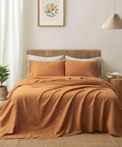Linen Bedding Set Breathable Ultra Soft Solid Color 4Pieces Flax Linen Bed Sheet Set for Bedroom