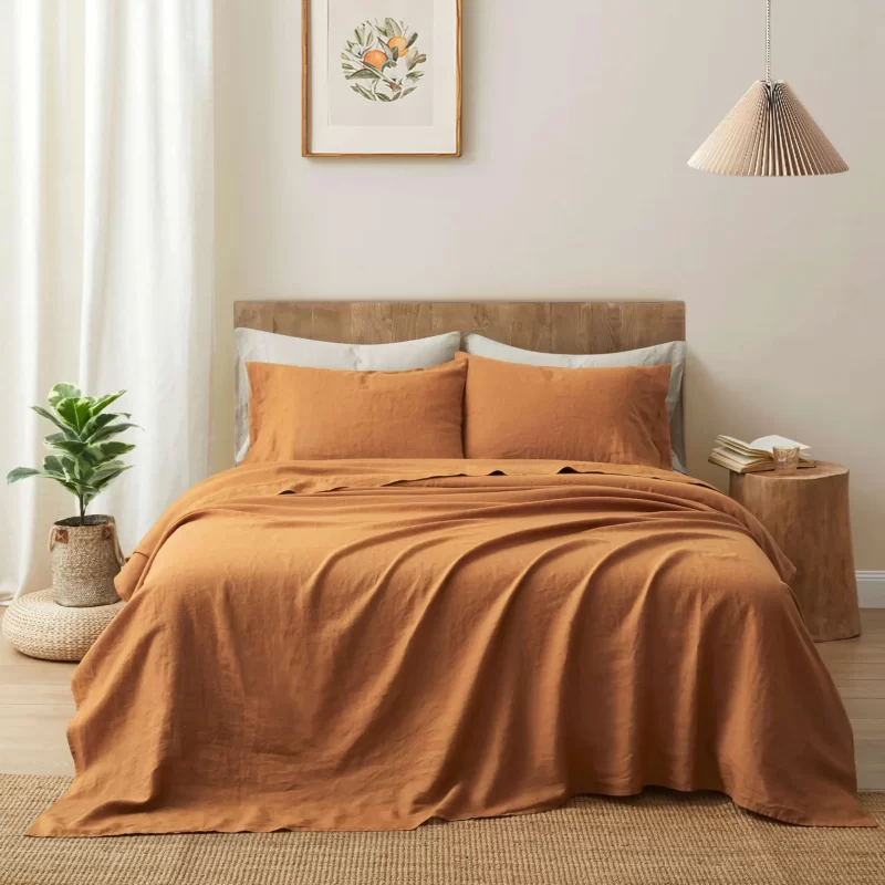 Linen Bedding Set Breathable Ultra Soft Solid Color 4Pieces Flax Linen Bed Sheet Set for Bedroom
