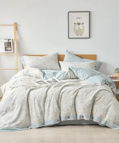 cotton Four Piece Bedding Set Leaf Design Nature Ultra Soft Premium Quilt Cover Blue Style Cosmetic