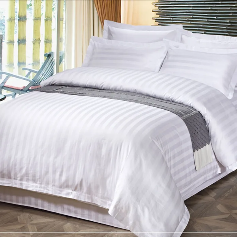 White Hotel Linen 200TC Cotton Satin Strip Quilt Cover Set Hotel Bedding 4 Piece Set King Queen Sizes