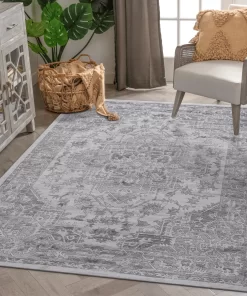 5X7 Silver/Oriental Area Rug Stylish Stain Resistant Non-Shedding Rug for Home Office Living Room Dining