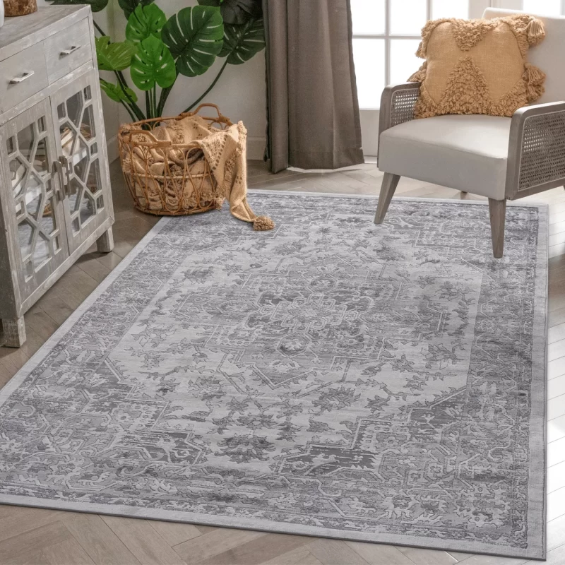5X7 Silver/Oriental Area Rug Stylish Stain Resistant Non-Shedding Rug for Home Office Living Room Dining